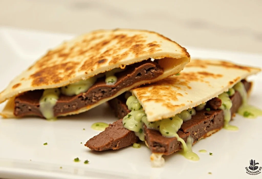 Steak quesadilla cut into triangles with sides of salsa and sour cream.