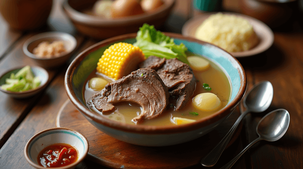 A traditional bowl of Beef Bulalo served with corn, cabbage, and beef shank in rich broth