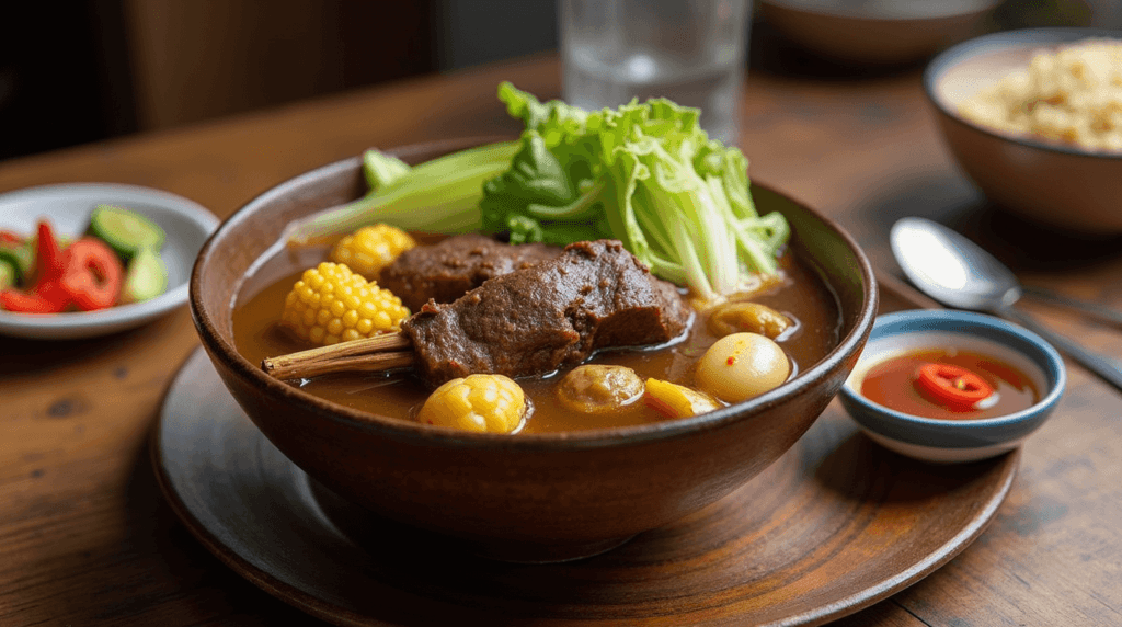 Homemade Beef Bulalo with cabbage and corn on a rustic wooden table