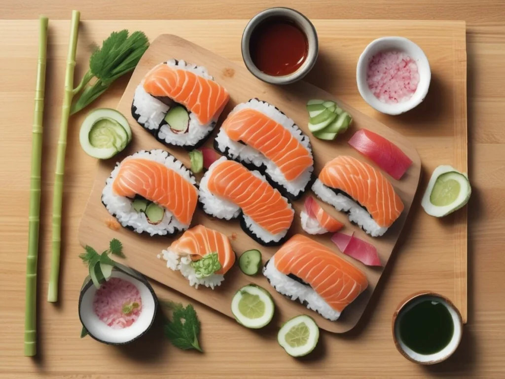 Sushi Grade Salmon on Bamboo Sushi Mat with Garnishes