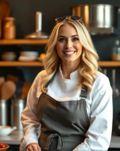  A smiling blonde woman wearing a white chef coat and gray apron, standing in a kitchen with shelves of utensils and cookware in the background.