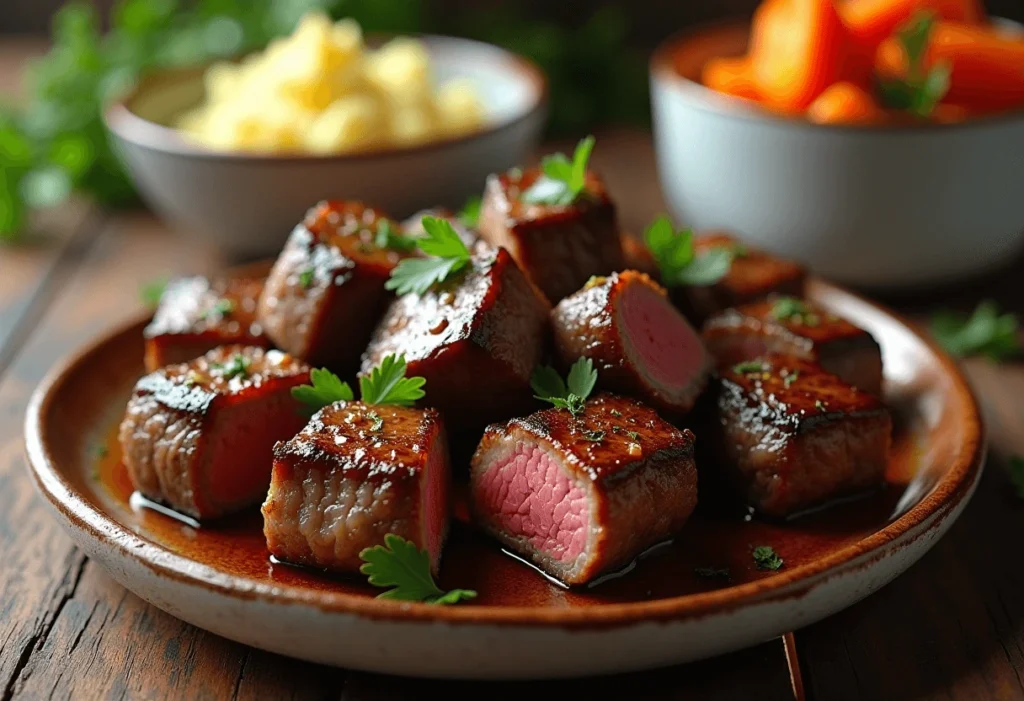 Cast iron skillet filled with sizzling steak bites cooked in garlic butter.