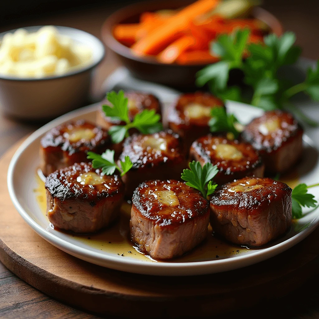 Perfectly seared steak bites with fresh parsley and mashed potatoes.