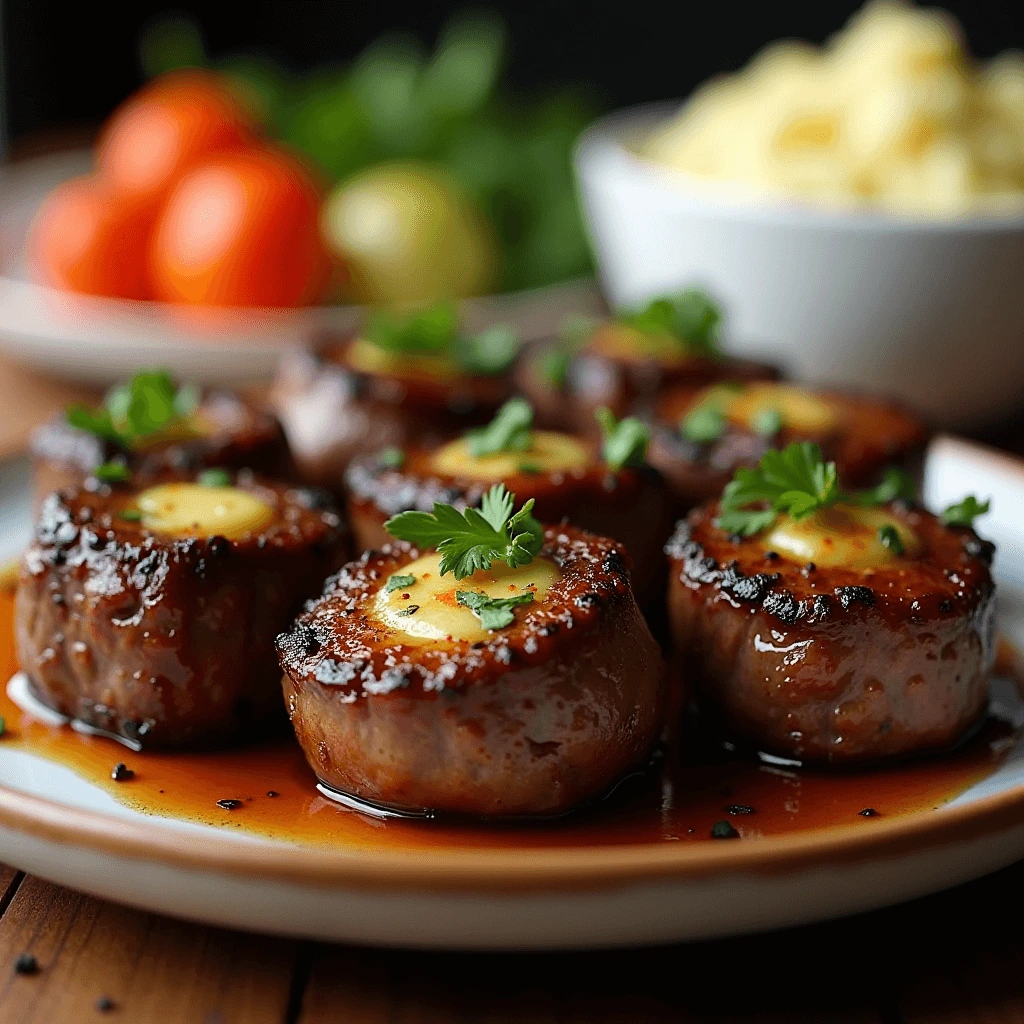Garlic butter steak bites on a rustic wooden serving board.