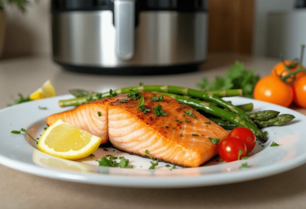 Plated salmon with lemon wedges and quinoa as part of a healthy air fryer fish meal.