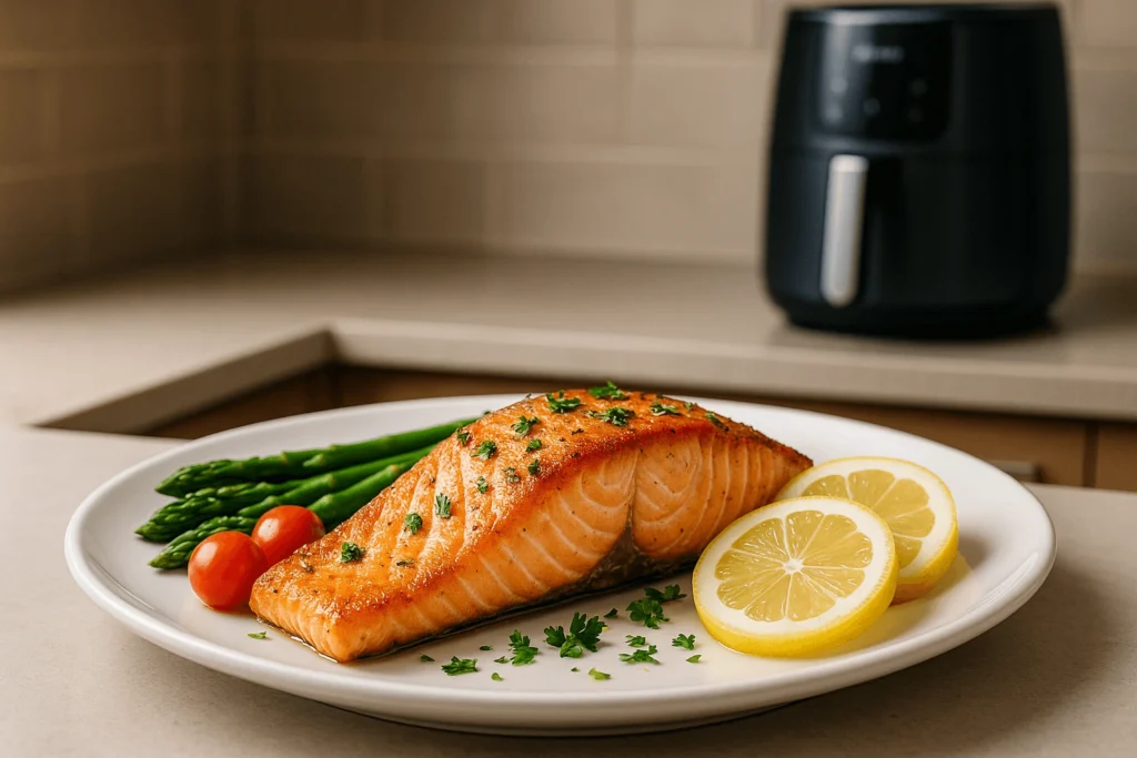 Freshly cooked salmon fillet in air fryer basket, showcasing a golden crust.