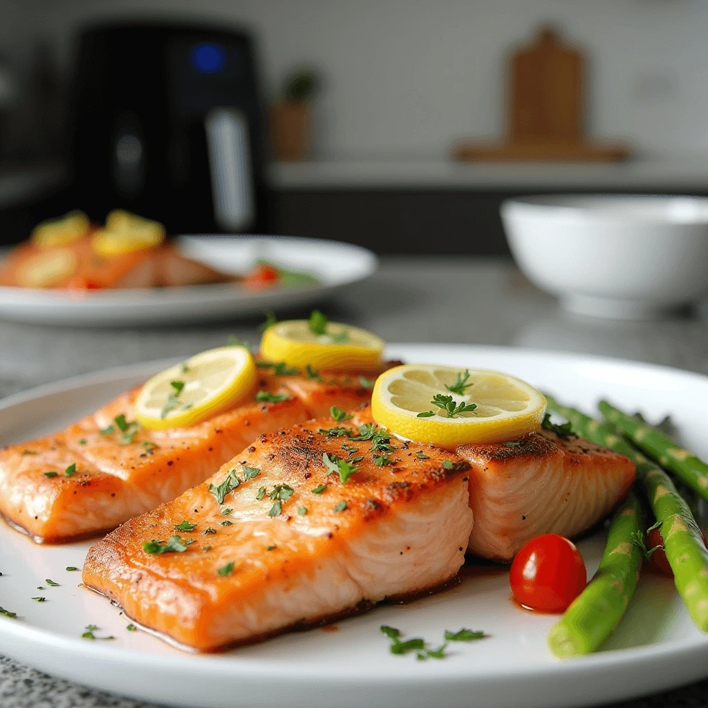 Salmon fillets seasoned and ready for the air fryer.